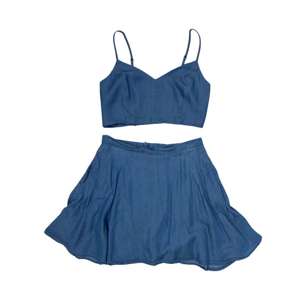 Lulus Accompany Me Two-Piece Dress Womens Medium Blue Chambray Mini Skirt Top